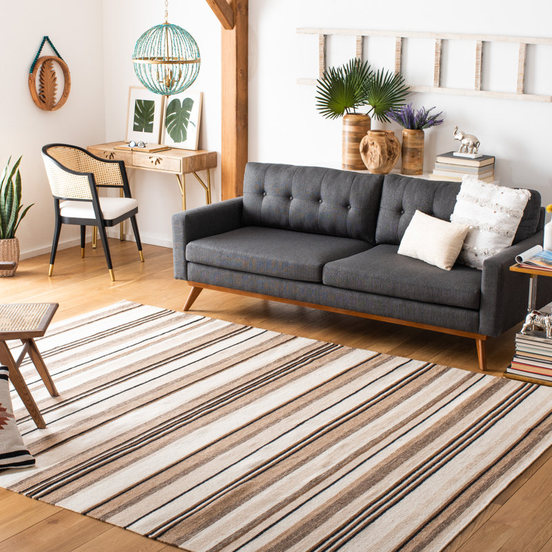 Andreucci Hand Loomed Wool/Cotton Striped Rug in Natural/Ivory, Rectangle 5' x 8'