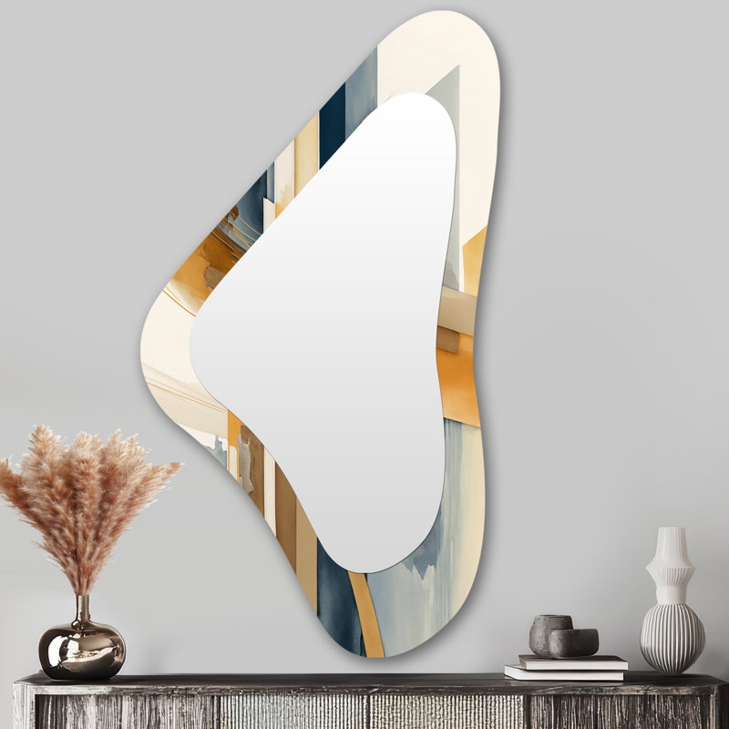 Modern Blue And Gold Abstract I - Transitional Asymmetrical Large Wall Mirror, Modern Irregular Shape Unique Mirror, Printed Metal Art