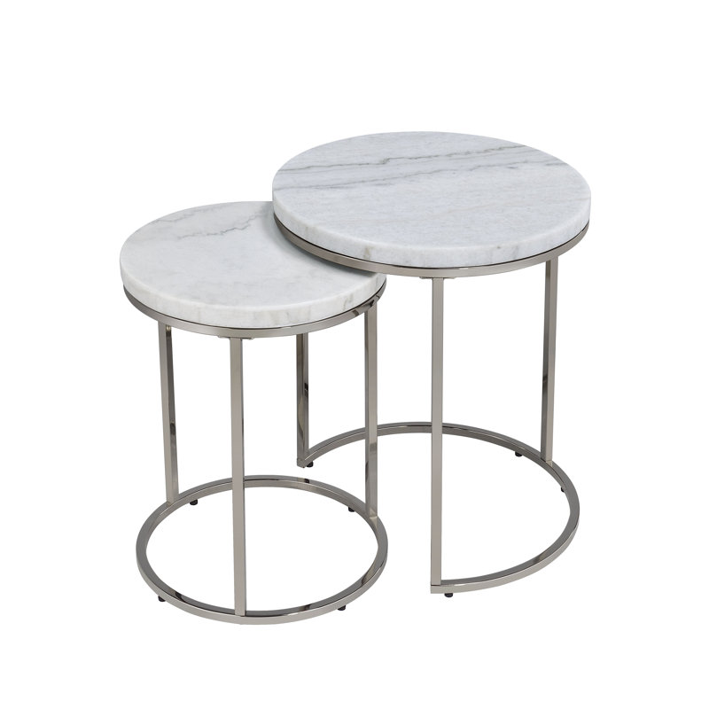 Matzen Contemporary Nesting Table Set with Natural Marble Top in Nickel
