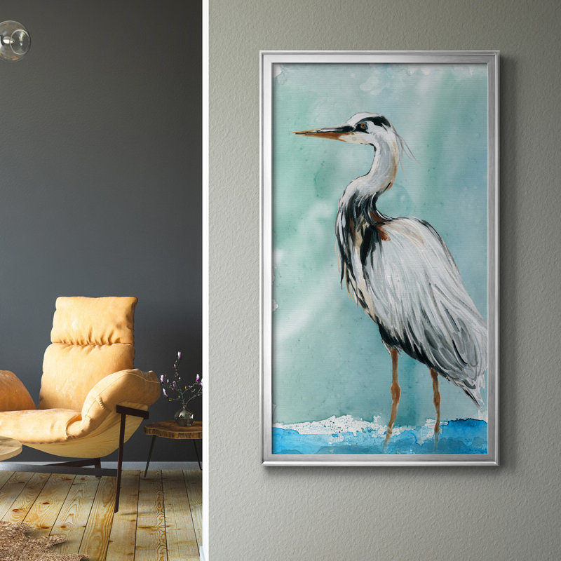 Delray Crane II - peinture sur toile encadrée, H 41 po x l 21 po x P 1 po, Cadre argenté