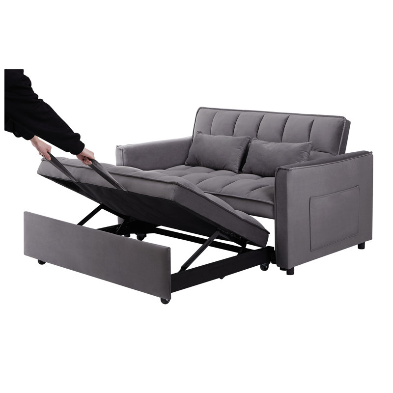 Canapé-lit moderne en velours de 55,1 po avec dossier réglable, poches de rangement et coussins - futon gris foncé pour petits espaces