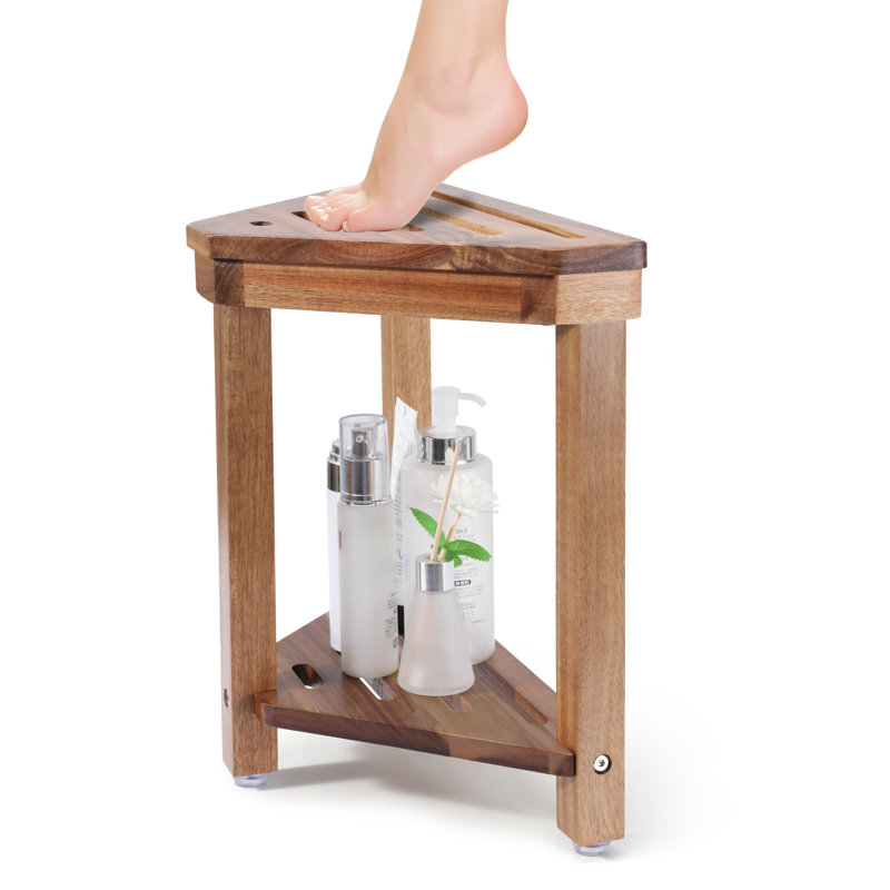 Shower Foot Rest 14In, Acacia Wood Shower Stool For Shaving Legs, Waterproof Corner Shower Stool With Storage Shelf For Inside Small Shower Spaces, Wood Color