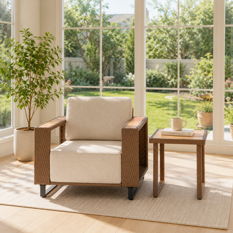 Fauteuil d'appoint en rotin en PE de 99 cm de large avec coussins amovibles
