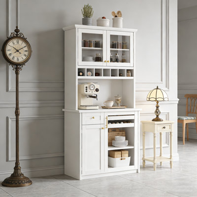Farmhouse Buffet with Hutch Featuring Adjustable Shelves, Wine Rack, and Tempered Glass Doors for Dining Room Storage.