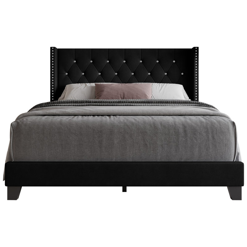Elinah Queen Tufted Upholstered Wingback Panel Bed, Black, Queen