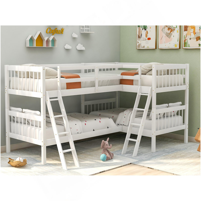 L-Shaped Bunk Bed With Ladder,Twin Size-Gray, White