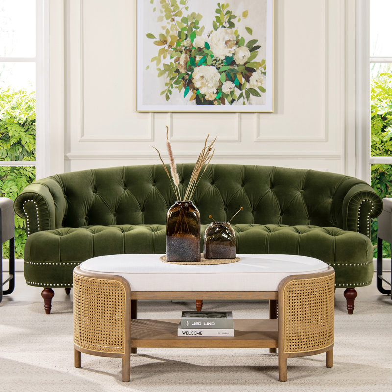 Joannes Velvet Rolled Arm Chesterfield, Olive Green, 32" H x 83.5" W x 38" D