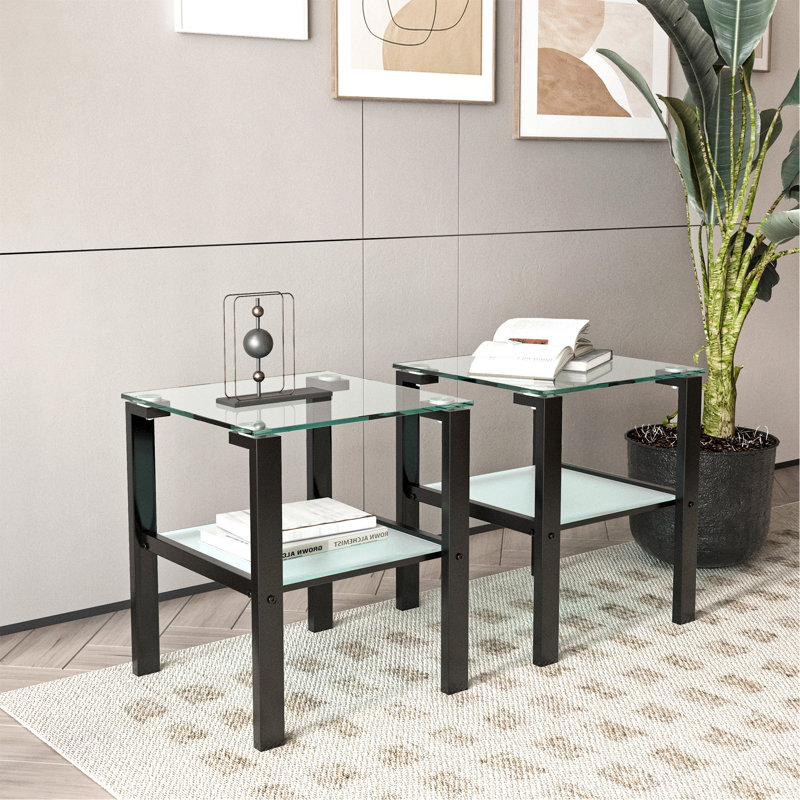 Set Of 2, Glass Two Layer Tea Table, Small Round Table, Bedroom Corner Table, Living Room Side Table, Transparent