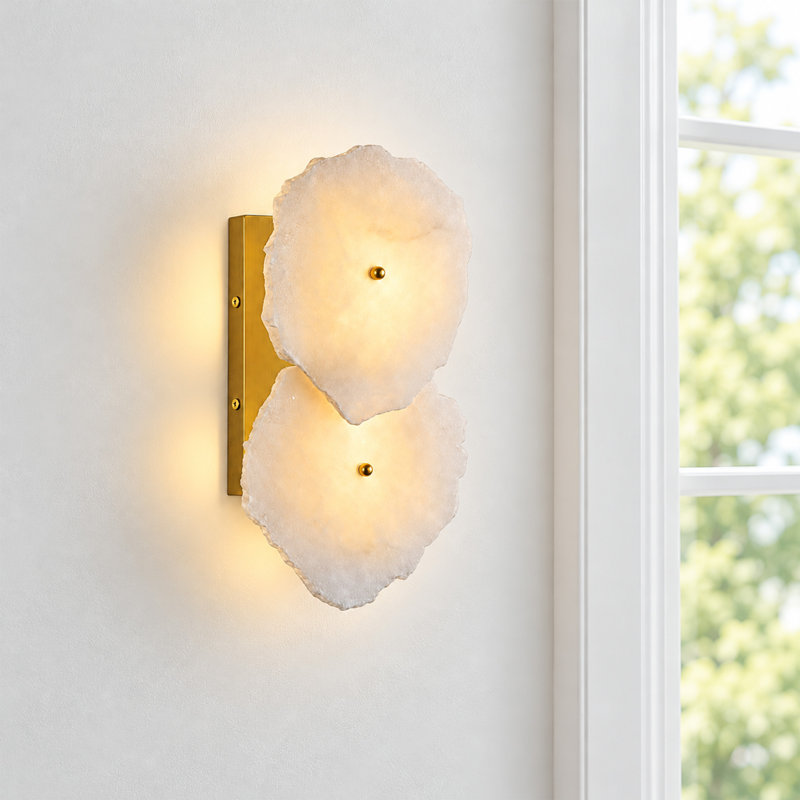 Applique murale moderne en laiton 2 lumières avec abat-jour albâtre, 2 lumières