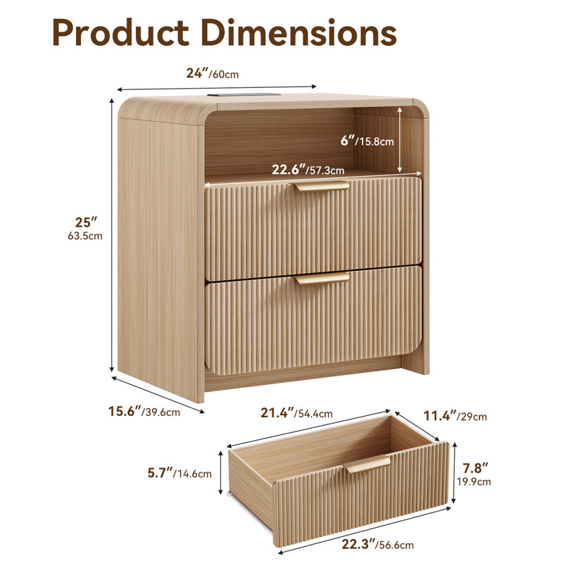 25''H 2-Drawer Nightstand w/ Charging Station, Modern Fluted Bedside Table, Curved Profile Design, Individual, Light Oak
