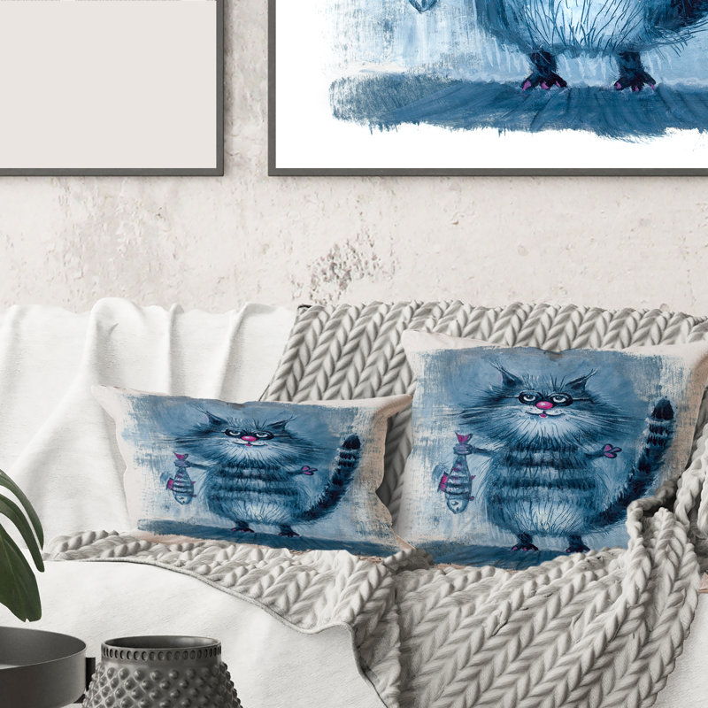 Housse de coussin rectangulaire pour chat tenant un poisson dans ses griffes
