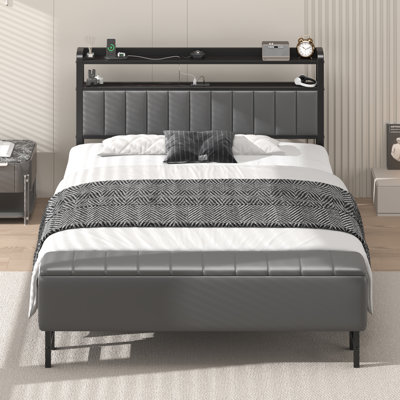 Modern Upholstered Platform Bed with a Starry Sky Projector, Built-in Storage Bench, Convenient Charging Station, Easy Assembly