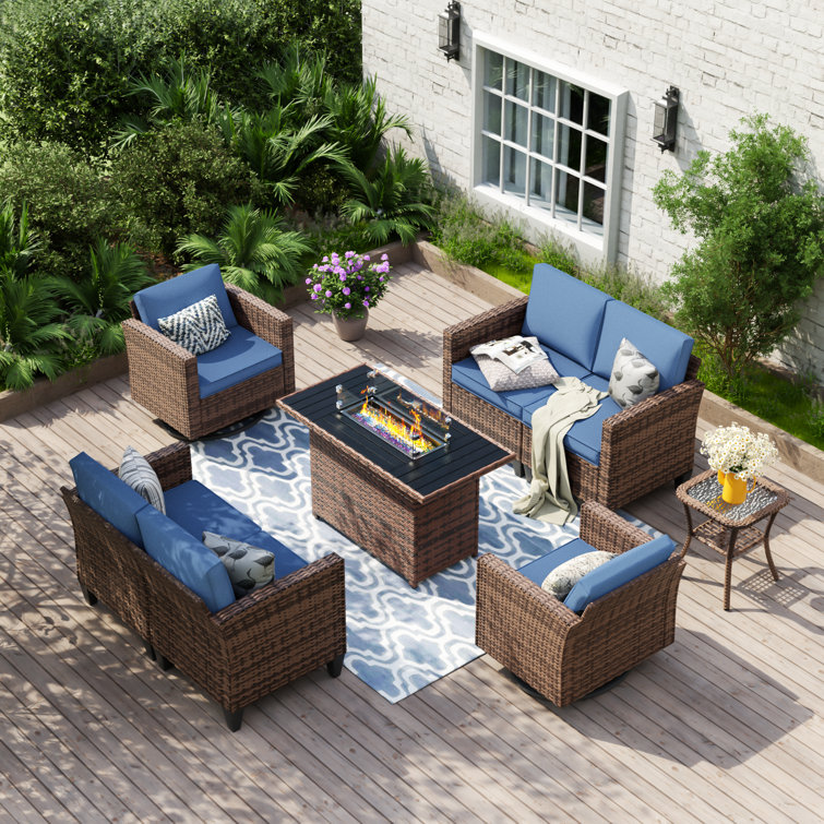 Kisner 6 - Person Outdoor Wicker Patio Sofa Seating Group With Fire Pit And Side Table