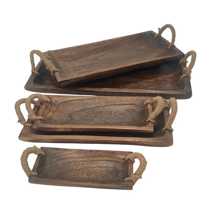 Plateaux de service rectangulaires en bois avec poignées en corde "Beaufort" (ensemble de 5 assortis)