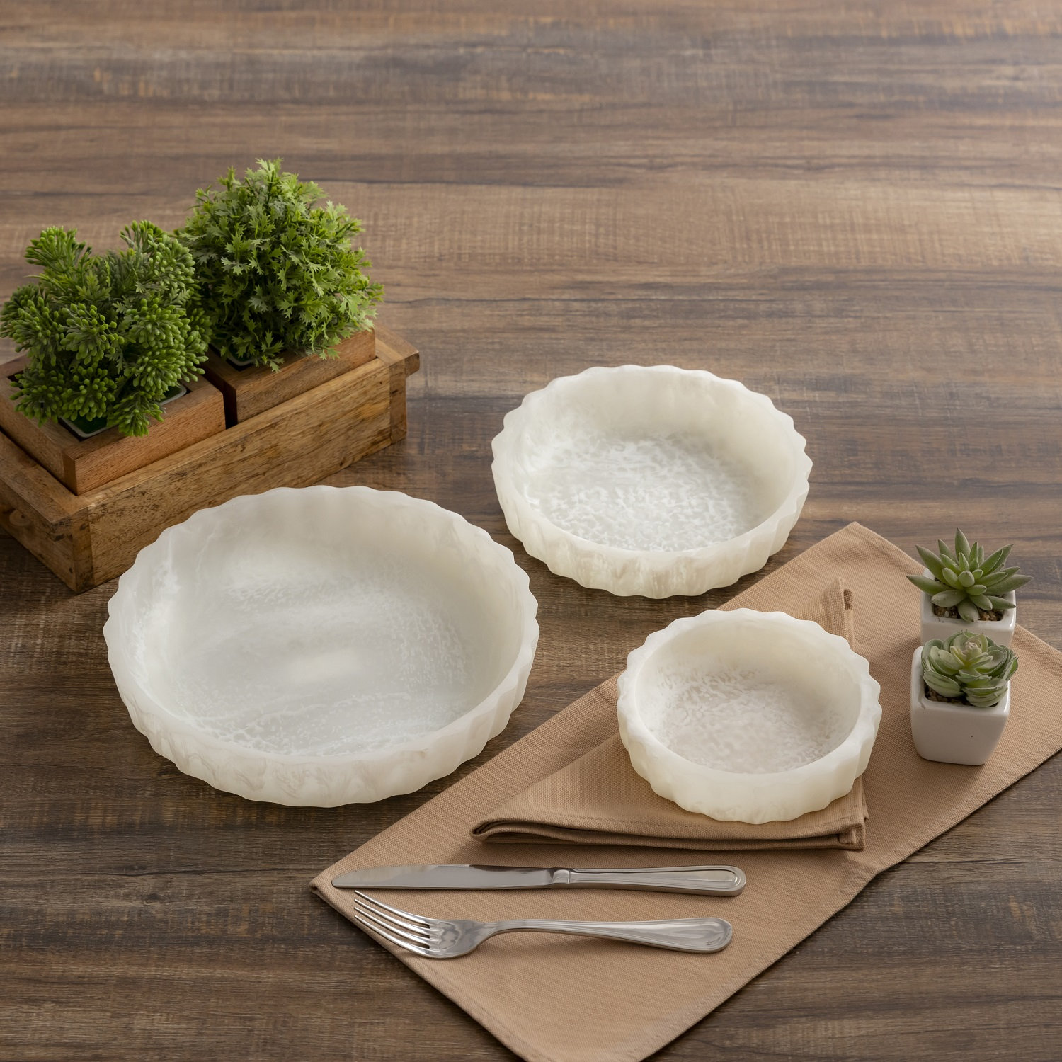 Curvy Edge Bowl Set Of 3, White