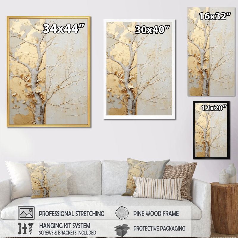 Or doré et beige, tilleul américain - art mural arbre américain, 32" H x 16" W, Cadre flottant doré