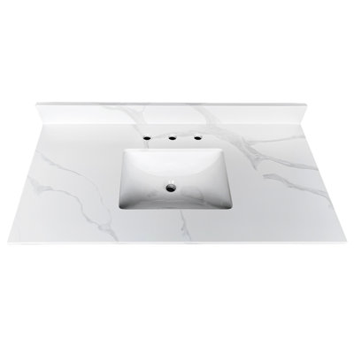 Comptoir de salle de bain 43 po en quartz, lavabo central encastré, 4 dosserets hauts, 3 trous de robinet pré-percés, teinture et chaleur, meuble-lavabo blanc de style moderne de luxe, américain simple