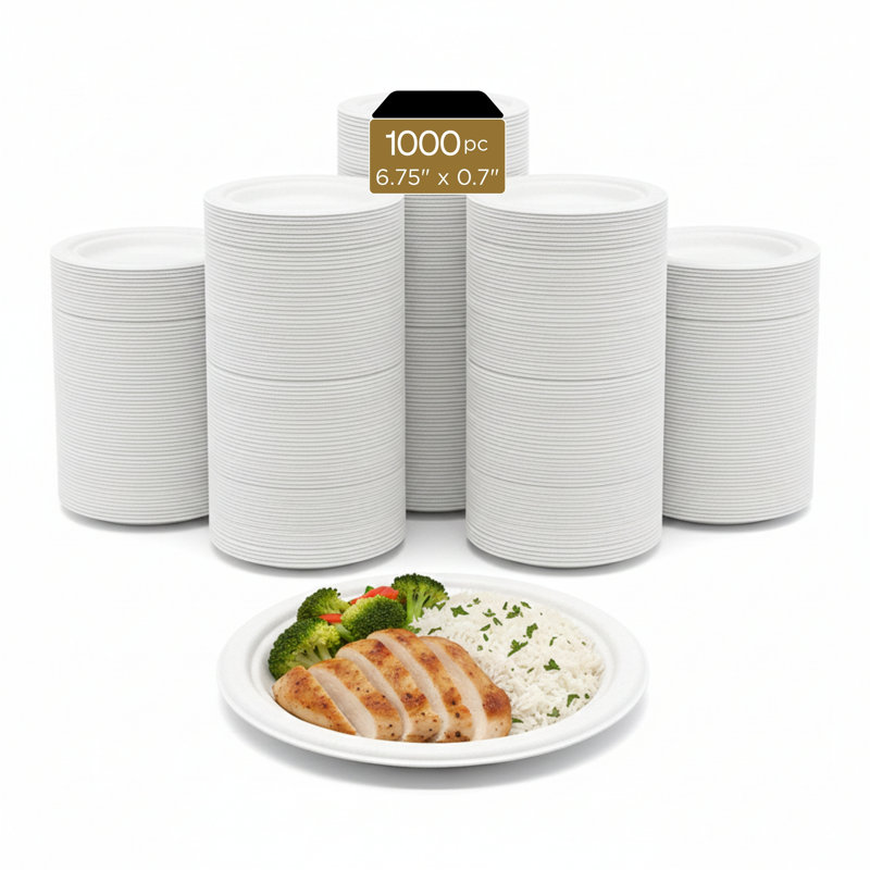 Bagasse Plates (PFAS-Free), White, 7", 1000-Pack