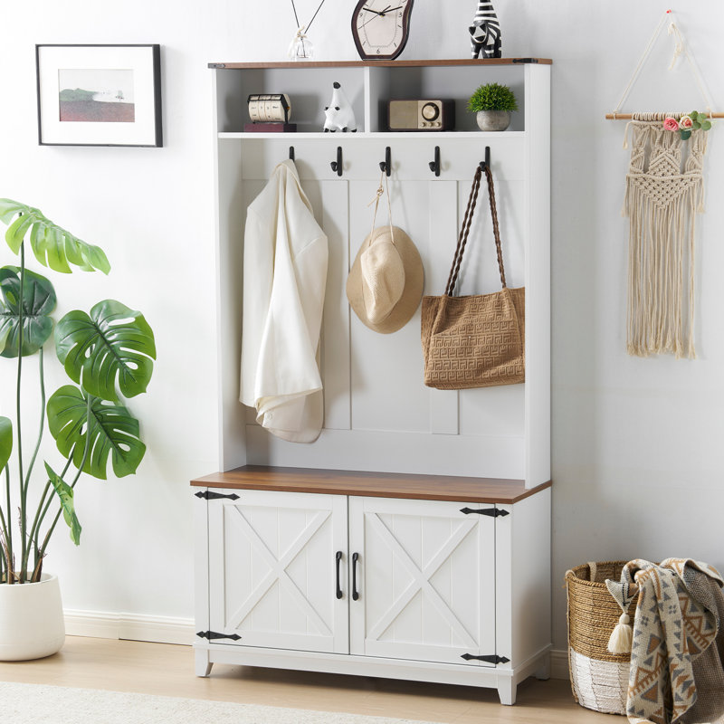 38" Farmhouse Hall Tree with Bench and Shoe Storage – Entryway Bench featuring Coat Rack, 5 Hooks, 2 Open Compartments, Barn Door, and Adjustable Shelf in Rustic White and Brown
