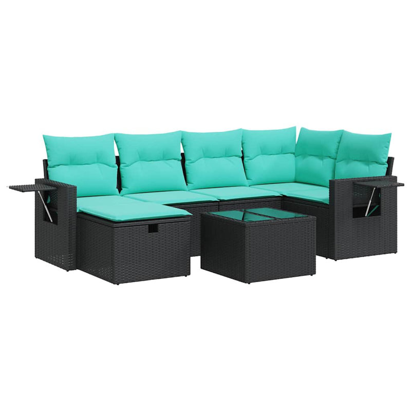  7 Piece Patio Sofa Set With Cushions Poly Rattan, Black, Green