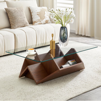 43.5" Rectangular Tempered Glass Coffee Table with Geometric Storage Base, Walnut