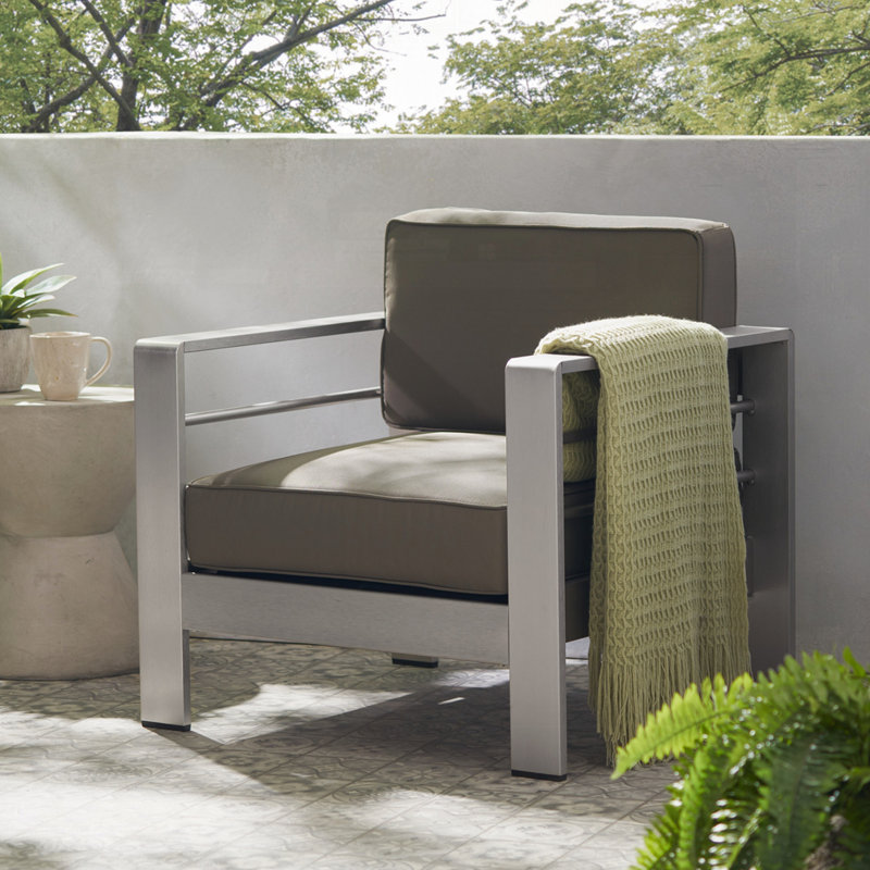 Fauteuil club d'extérieur avec coussin, Coussin argenté / cadre gris