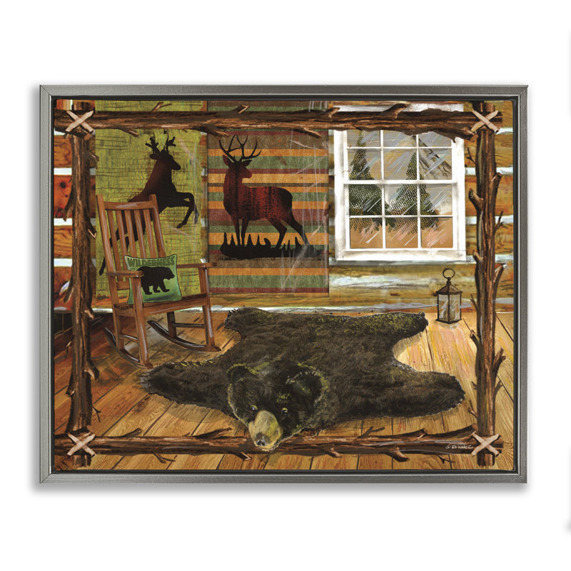 «Rustic Cabin with Border», encadrée par Ed Wargo, H 17 po x l 21 po, Cadre flottant gris lustré