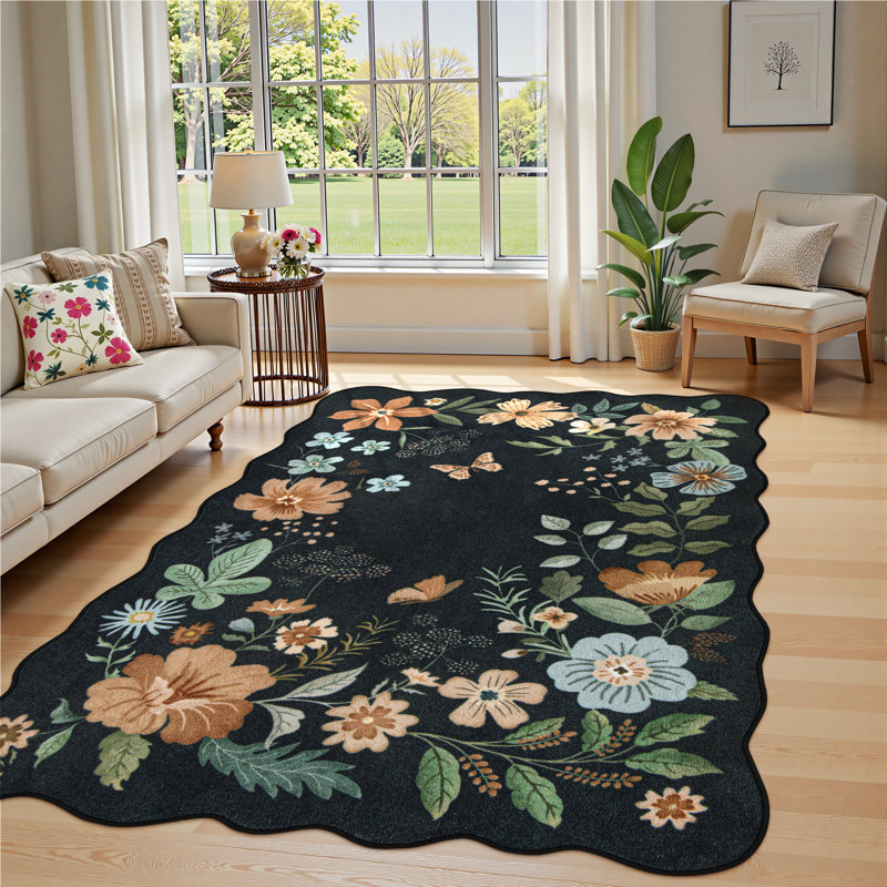 Floral Washable Rugs Non-Slip Soft Rugs for Living Room Bedroom Ultra-Thin Boho Accent Carpet, Rectangle 5' x 7'
