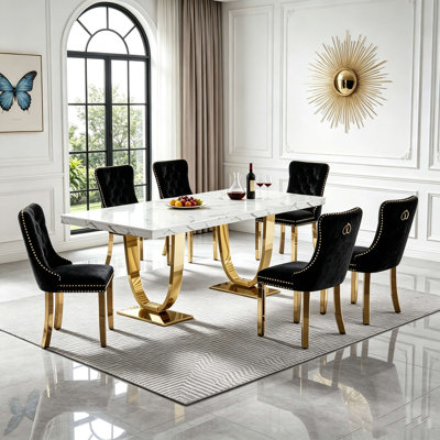 Ensemble de table de salle à manger 70,87 "de luxe moderne en faux marbre pour 6, ensemble de table de cuisine 7 pièces avec base unique en acier inoxydable en forme d'anneau double et 6 chaises de salle à manger rembourrées en velours noir, plateau de table en marbre, résistant aux rayures et aux taches et facile à nettoyer
