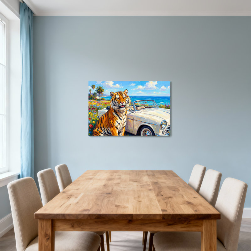 Animals Tiger Beside Classic Car Beach Scene, 16" H x 24" W