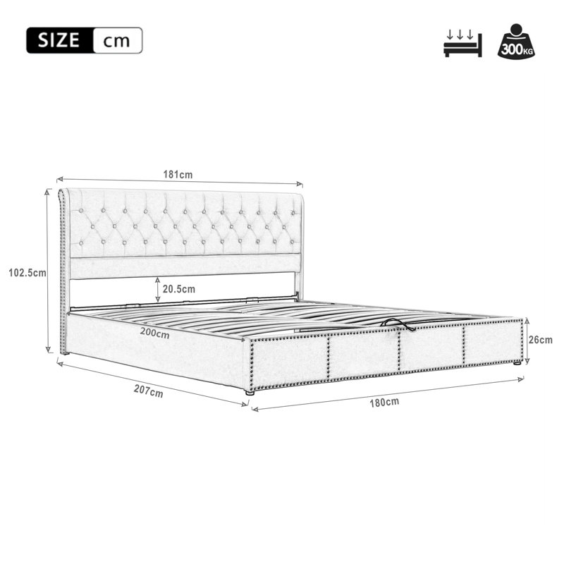 Upholstered Ottoman Storage Bed, Grey, Super King (6')