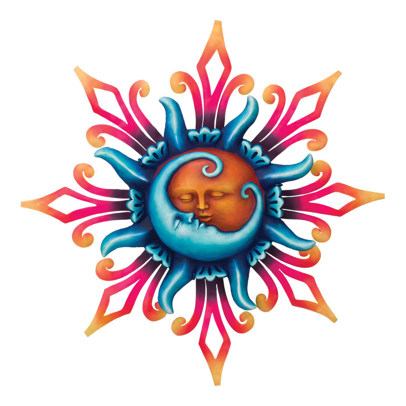 Décoration murale d'extérieur en métal 24 pouces avec finition multicolore résistante aux intempéries pour l'intérieur et l'extérieur - Soleil et lune