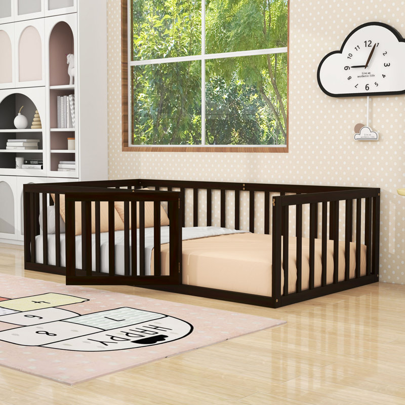 Wooden Floor Bed With Guardrails And Door, Walnut