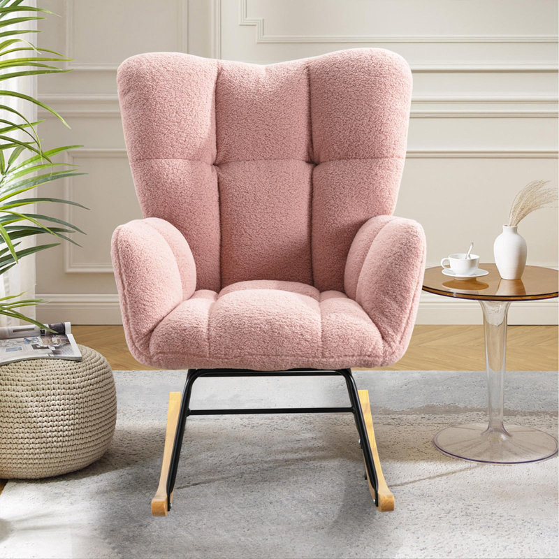Teddy Upholstered Nursery Rocking Chair with Side Pockets, Pink