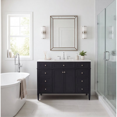 Meuble-lavabo autoportant 48 po avec lavabo 48 po - armoire en panneau de fibres à densité moyenne noir, 6 tiroirs, 2 portes, charnières à fermeture en douceur, cuve en composite, poignées argentées