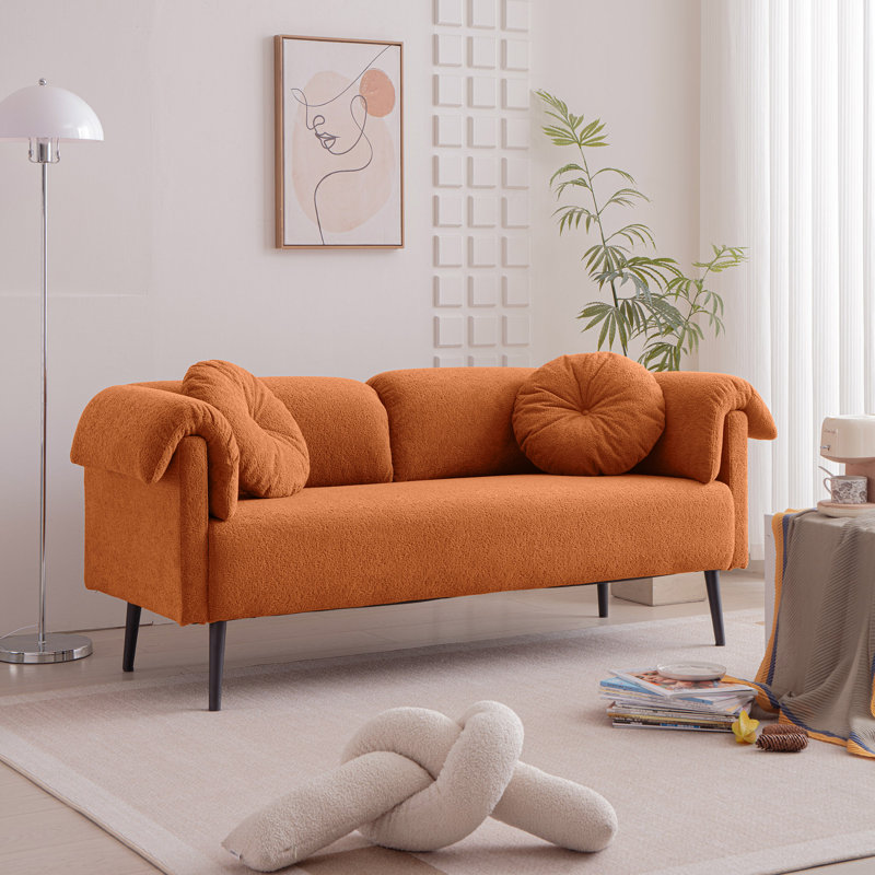 68.5" Modern Sofa With Decorative Throw Pillows, Brown Faux Lamb Wool