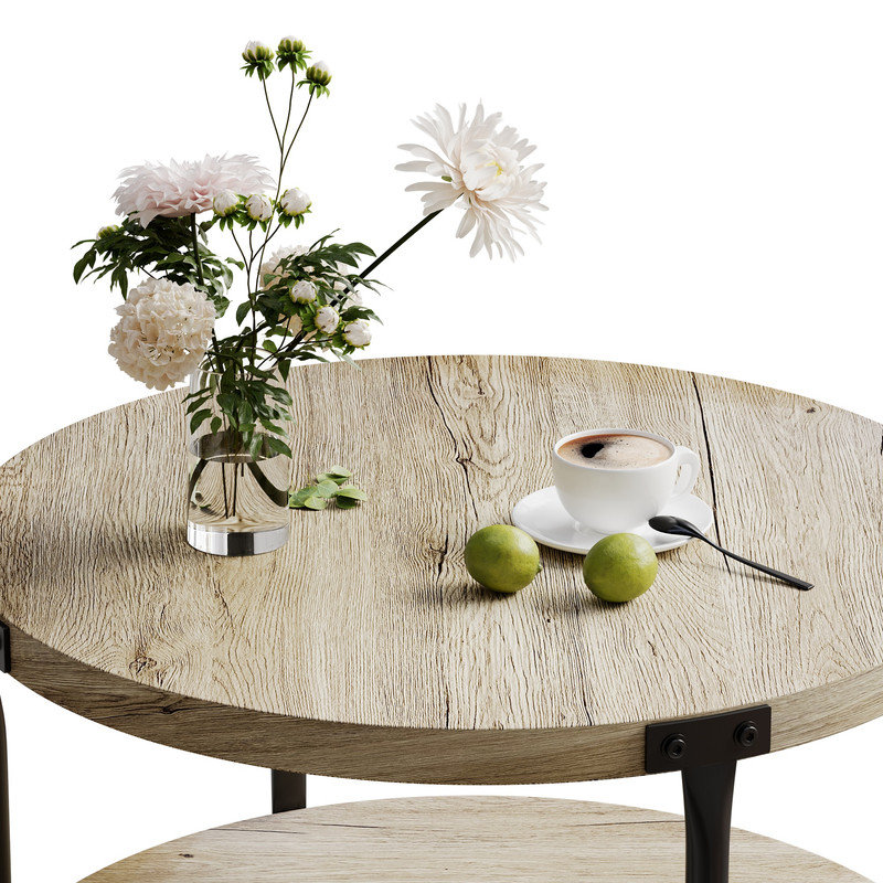 Table basse ronde 29,61 po à deux niveaux, finition chêne clair avec pieds en métal noir pour le salon