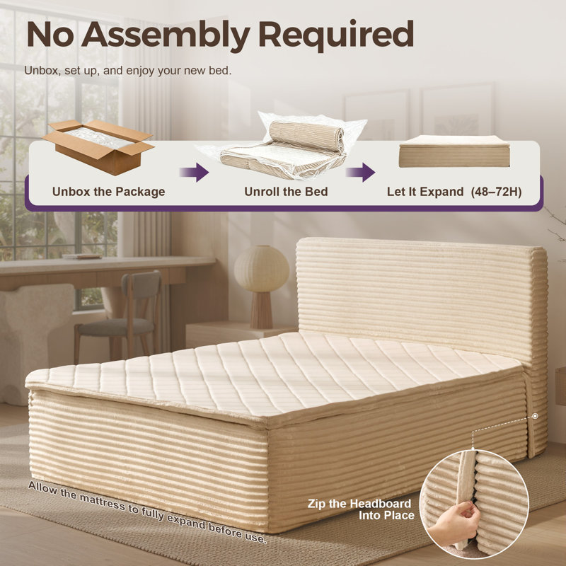 Matelas double en mousse à mémoire de forme de 16 po avec tête de lit double, lit tout-en-un, lit plateforme sans assemblage, ferme moyenne, aucun sommier requis