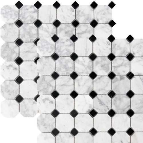 Santorini 2" x 2" Marble Octagon and Dot Mosaic Wall Tile, Black/White