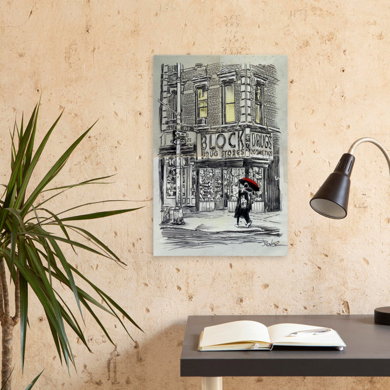 Illustration de paysage urbain rétro d'une pharmacie, H 24 po x l 16 po
