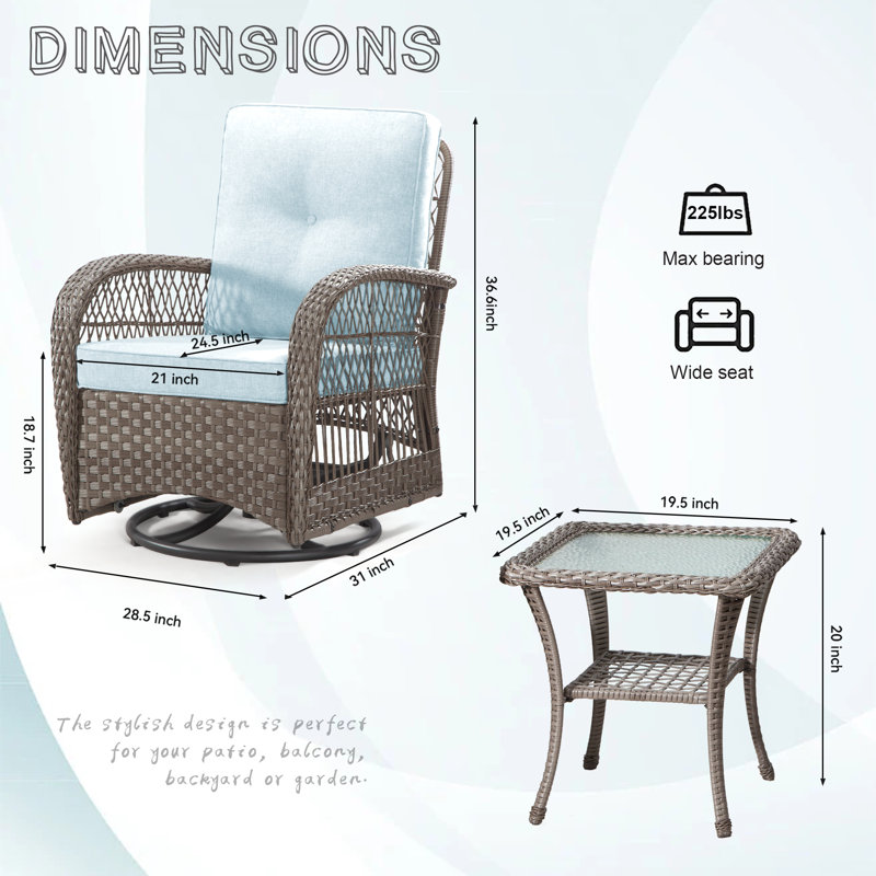 Ensemble bistro pour l'extérieur avec coussins 19,5 po Baylay Square, Bleu clair