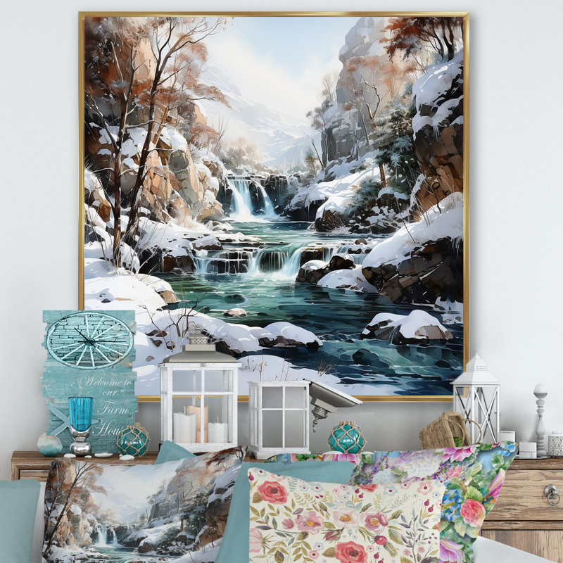 «Waterfall Charm In Winter II», reproduction sur toile, Cadre flottant doré, H 30 po x l 30 po x P 1 po