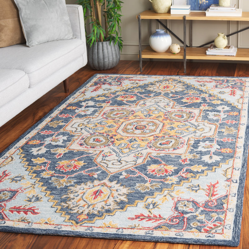 Mahlum Oriental Hand Tufted Wool Area Rug in Beige/Navy, Rectangle 8" x 10"