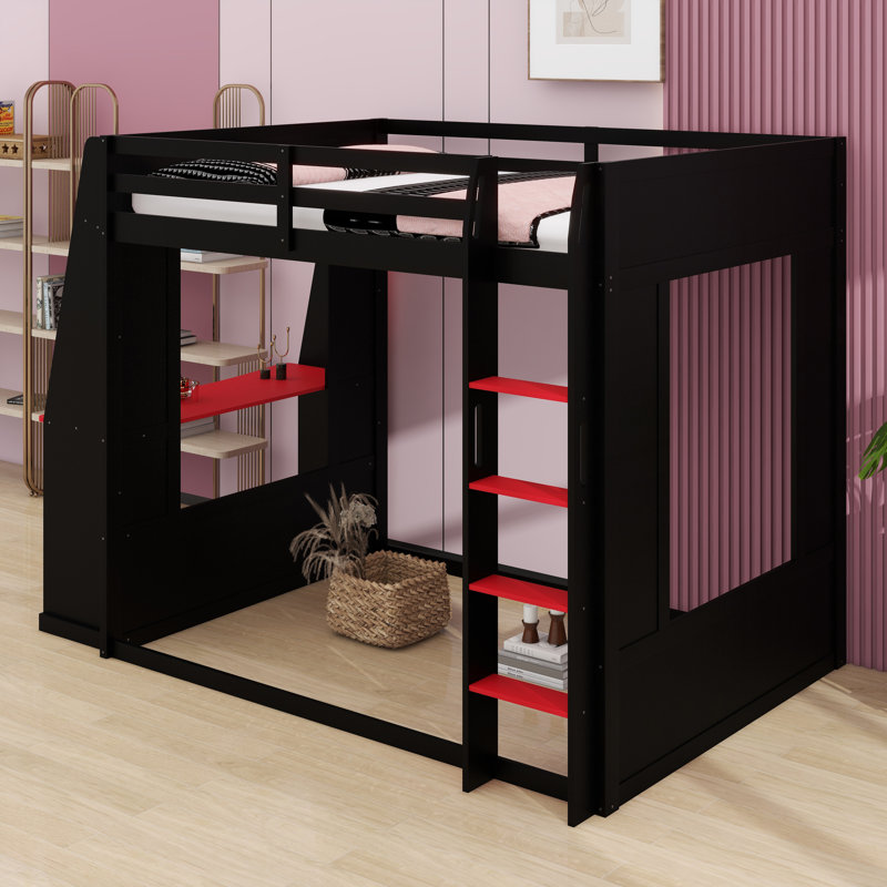 Cadre de lit superposé Gaming avec bureau, tablettes, USB intégré et lumières DEL, Black+Red