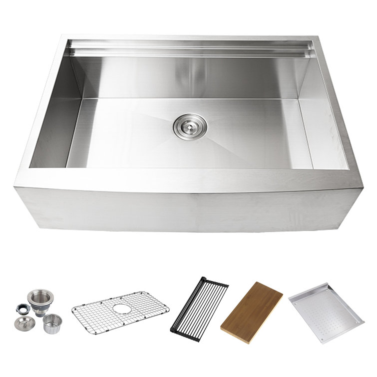 KBFmore AP2LE30SSGRCB 30 inch Single Bowl Farmhouse Workstation Kitchen Sink with 6 Pcs Kitchen Sink Accessories