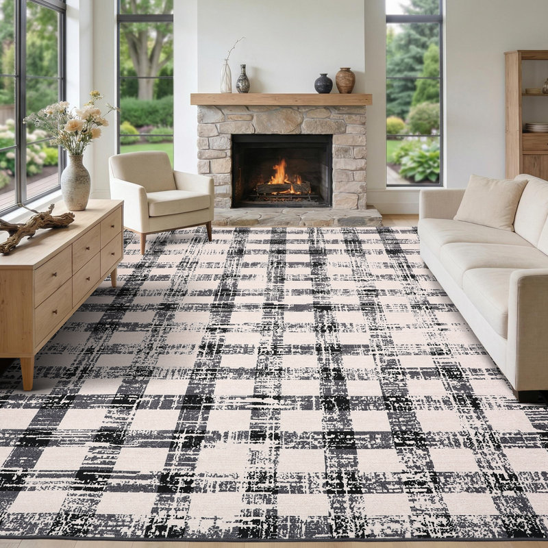 8x10 ft Washable Area Rug for Living Room - Geometric Grid Pattern Print Carpet, Soft Velvet, Non-Slip TPR Backing, Machine Washable, Black