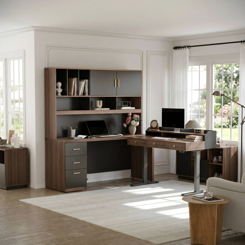 Bureau de direction 72,8 po avec rehausse, table réglable en hauteur de 48 po, station de charge intégrée pour bureau à domicile