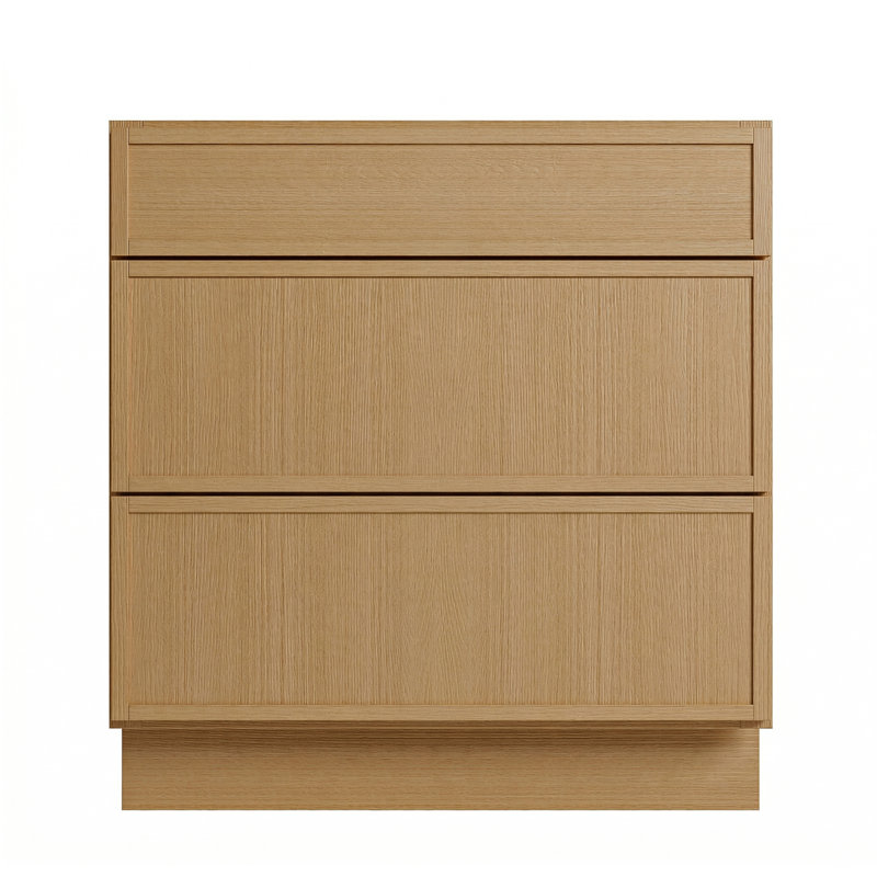 Armoire moderne en chêne blanc avec 3 tiroirs, fabrication de boîtes en contreplaqué, conception de shaker étroit, glissières à fermeture en douceur sous le comptoir, tailles multiples pour des aménagements personnalisés (12 po à 36 po)