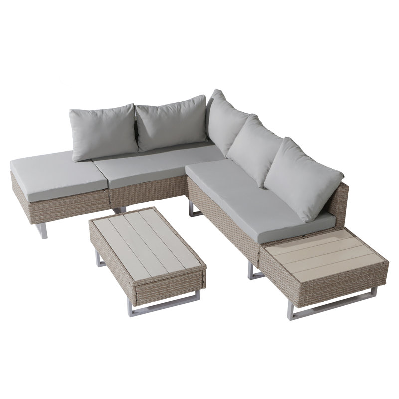 5 Seater Rattan Corner Sofa Lounge Set With Table And Cushions, Beige