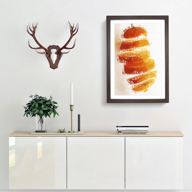 Floating Sliced Orange in Abstract - Picture Frame Painting Print, 48cm H x 36cm W x 2cm D, Walnut Framed